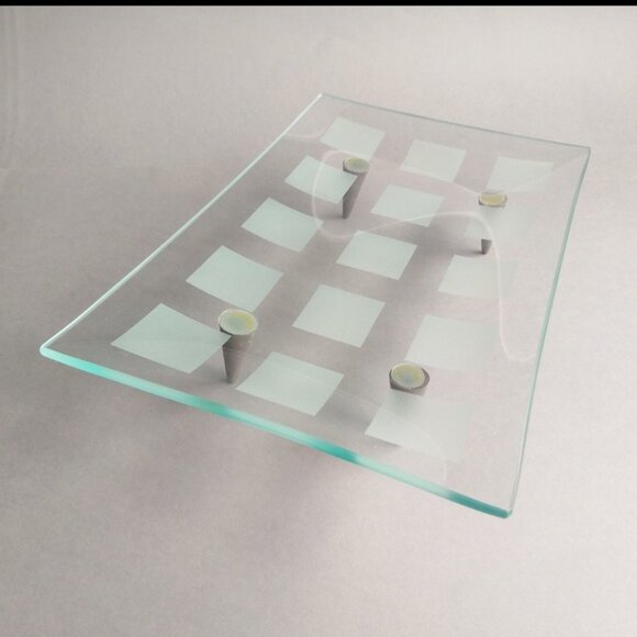 MCM Tray Frosted Glass Atomic Era Grid Pattern Metal Peg Legs VTG 60s Decorative - Picture 13 of 14